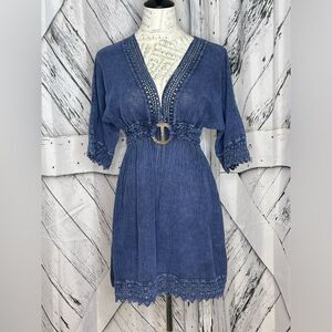 Cotton Natural Blue Mini Dress Lace Trim M